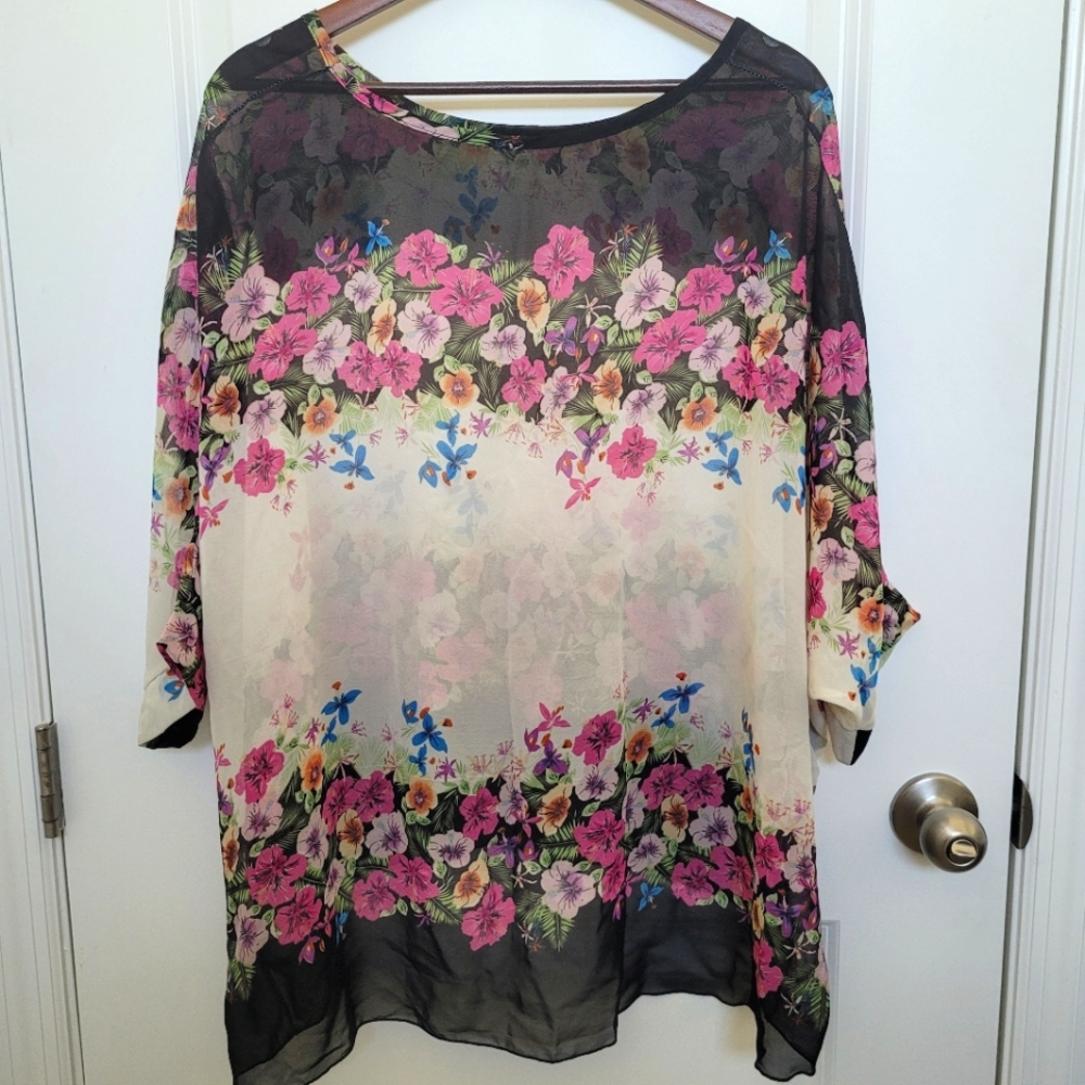 Sheer Floral Black off White and Pink Loose Oversized Flowy Tropical Spring Top